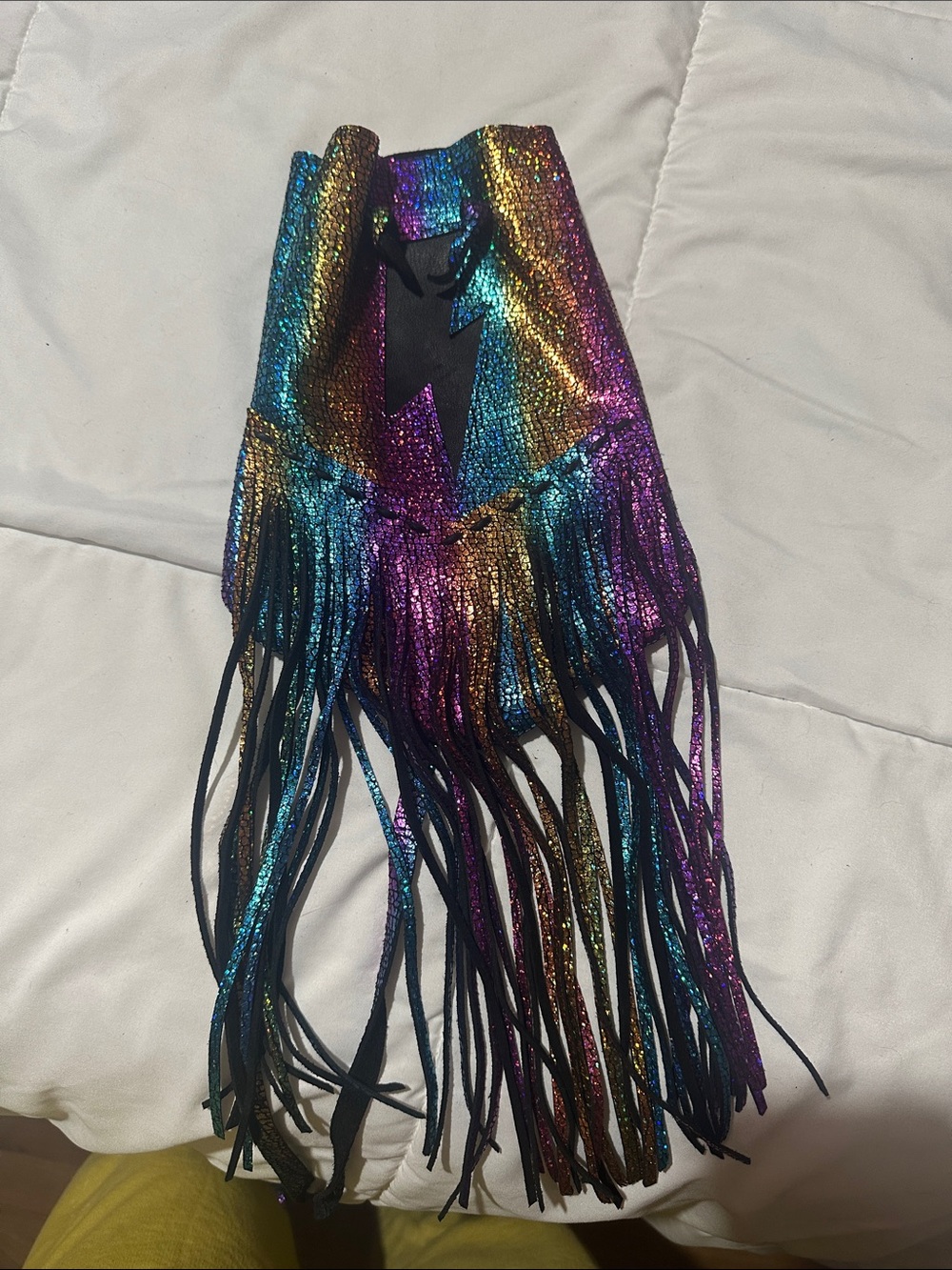 Iridescent Multicolor Fringe Crossbody Bag - Shimmering Blue/Purple/Gold